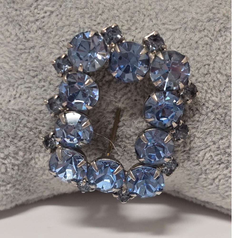 Vintage Light Blue Rhinestone Brooch Silver Tone Rectangular Costume Pin